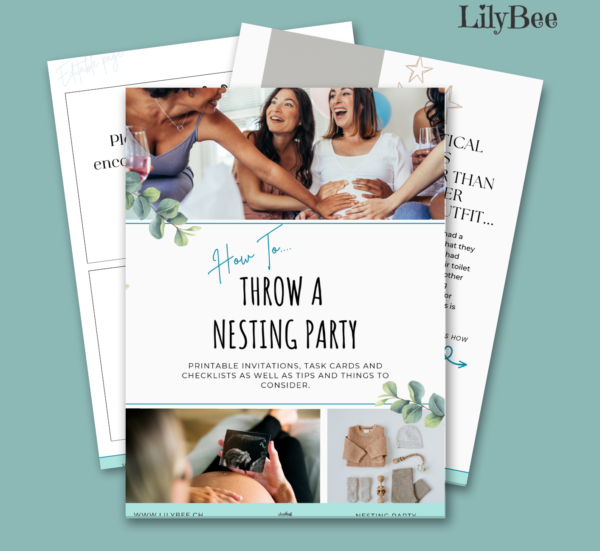 how to throw a nesting party image. Pages of the PDF on a branded teal background. test stating editable canva file and includes tips, things to consider, resources and editable party invites